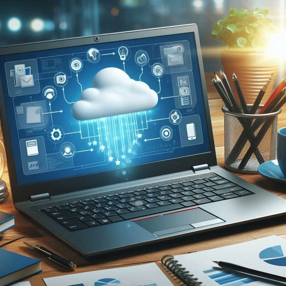 Een laptop waarop data aan het uploaden is naar de cloud
